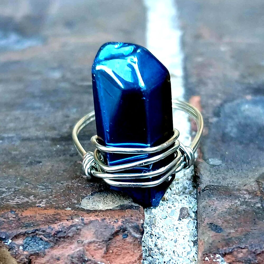 Titanium Coated Quartz Crystal Point Ring, Wire Wrapped, Silver, Size 9